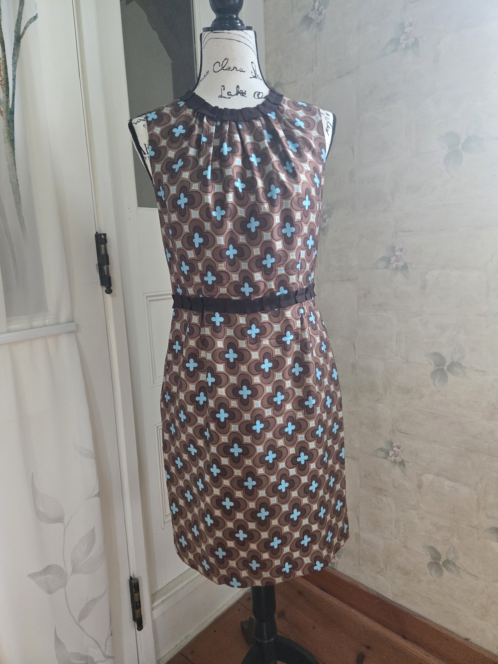 Milly of New York Brown & Light Blue Geometric Silk Dress